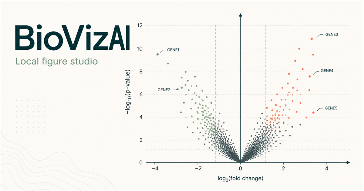 BioVizAI volcano plot with labeled genes and publication-style axes